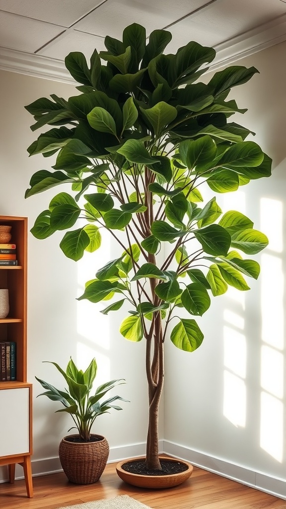 A tall Fiddle Leaf Fig tree with large green leaves in a well-lit room beside a smaller plant.