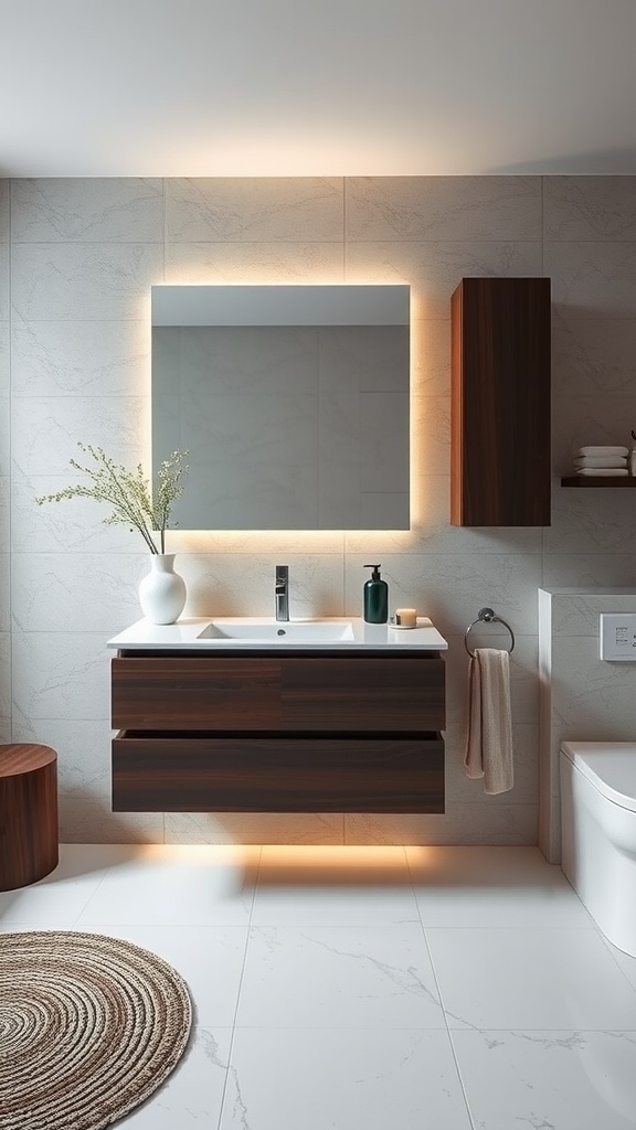 A modern bathroom featuring a sleek floating vanity with warm lighting and a large mirror.