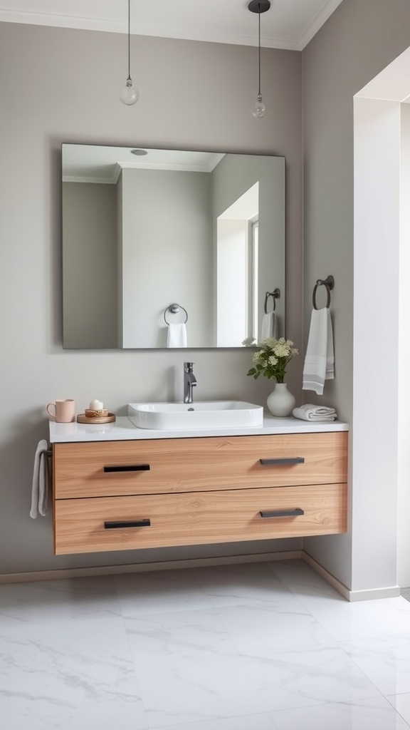 Modern bathroom with a floating vanity, large mirror, and pendant lights