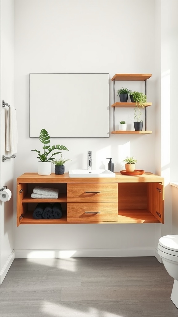 A bathroom featuring a floating wood vanity with open shelves, neatly organized with plants and towels.