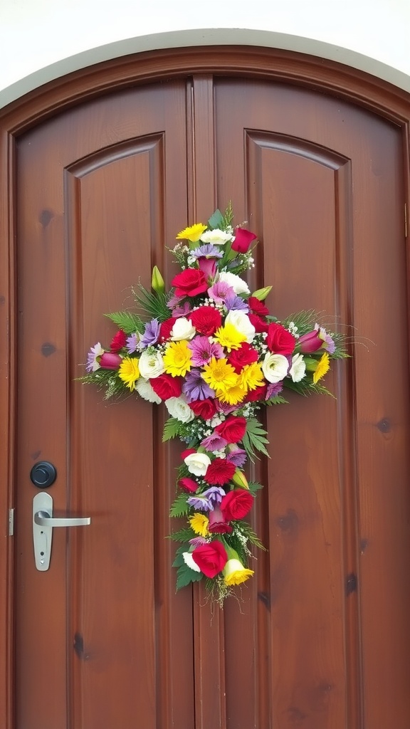 A floral cross decoration on a wooden front door, featuring bright flowers in red, yellow, and purple.