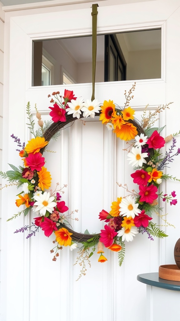 A vibrant floral hoop wreath with colorful flowers hanging on a door.