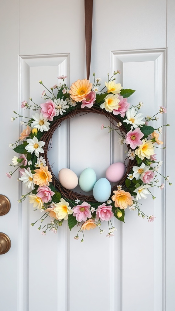 Floral wreath with pastel eggs on a door