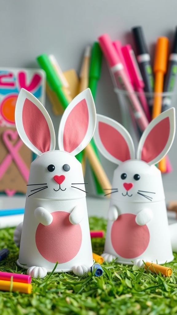 Two foam cup bunny puppets with pink ears and colorful markers in the background.