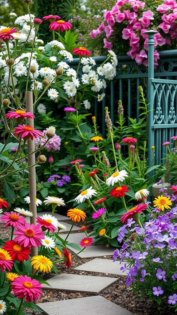 A vibrant flower garden featuring daisies, gerberas, and colorful blooms along a stone path.