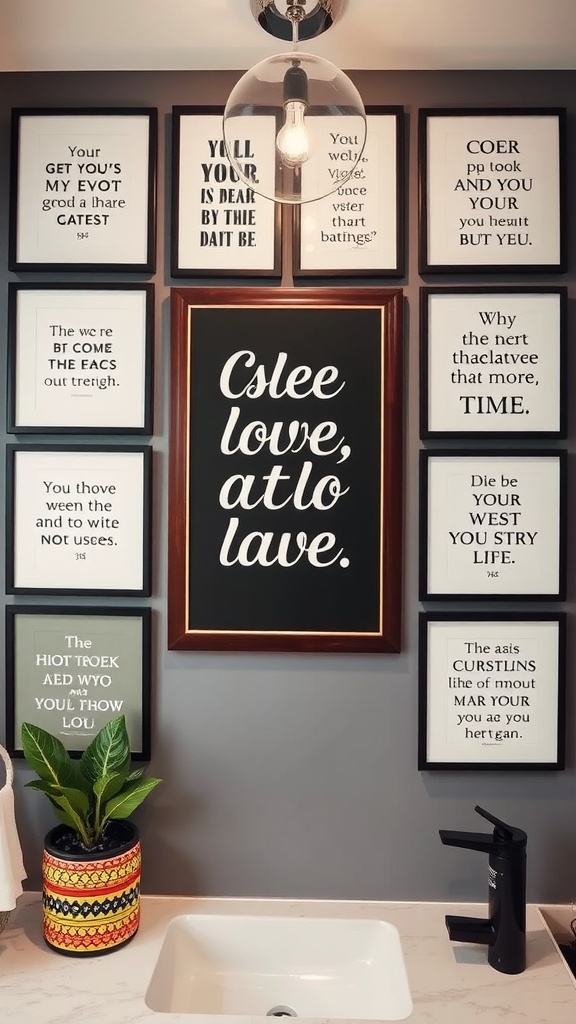 A wall with framed inspirational quotes in a stylish bathroom