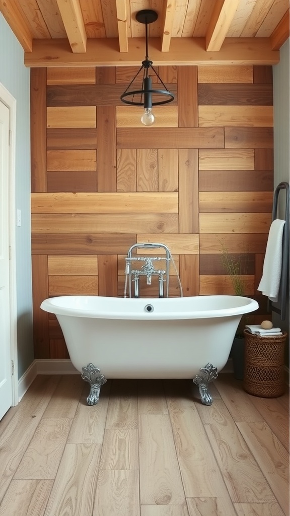 A modern rustic bathroom featuring a freestanding bathtub with a wooden accent wall