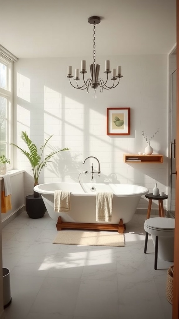 A stylish bathroom featuring a freestanding white tub, bright natural light, and minimalistic decor.