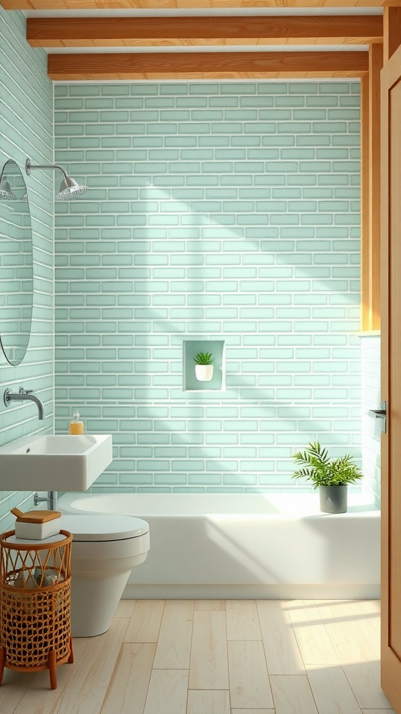 A bright bathroom featuring mint green tiles, wooden beams, and plants.