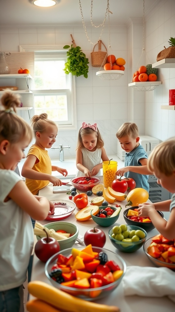 Children making fruit salad in a bright kitchen, surrounded by various fruits