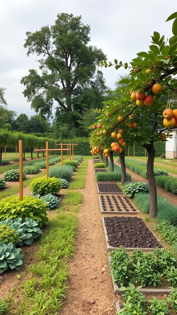 A potager garden featuring fruit trees alongside rows of vegetables.