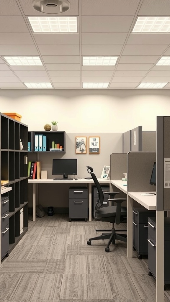 An organized office cubicle with storage units and a computer setup.