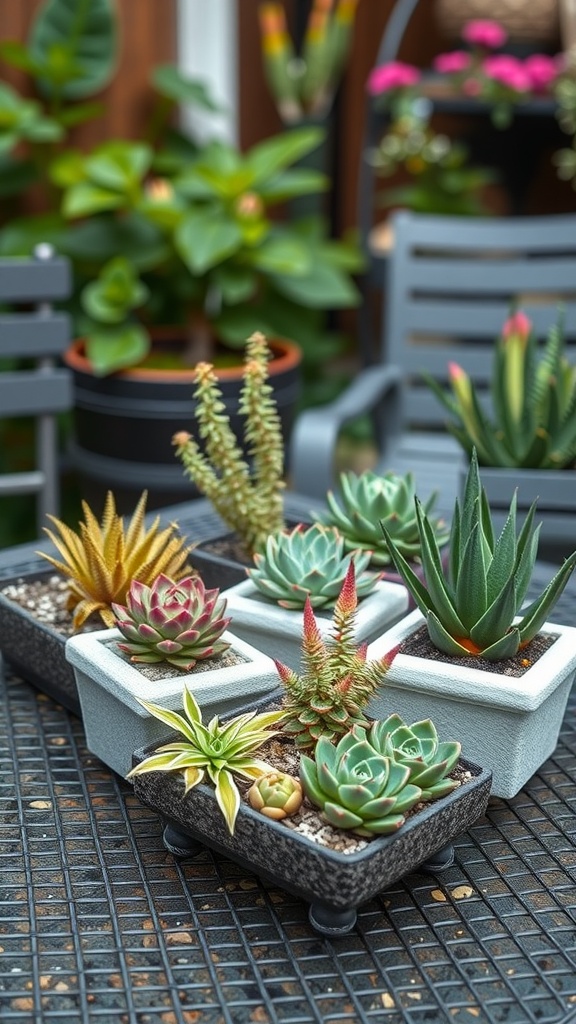 A collection of hypertufa plant holders filled with various succulents on a table.