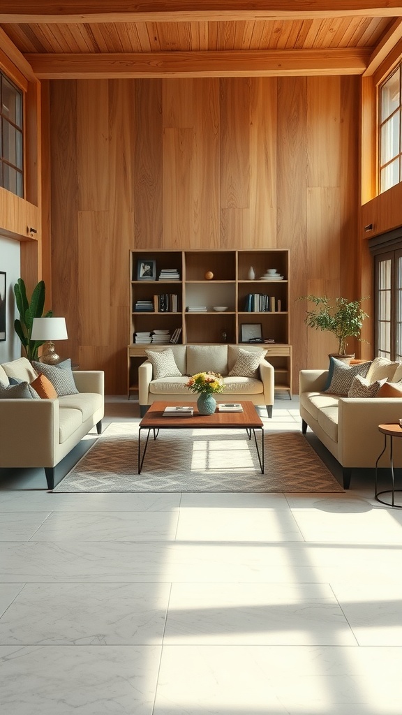 Cozy living room with light wood accents and comfortable seating arranged for social gatherings.