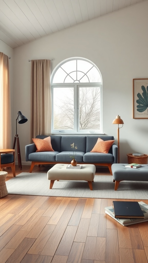 A cozy Mid Century Modern living room featuring a sleek sofa and multi-purpose furniture.