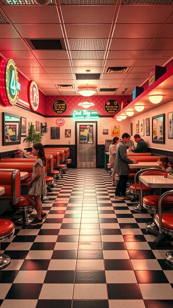 A colorful retro diner interior with checkered floors, neon lights, and kids playing.