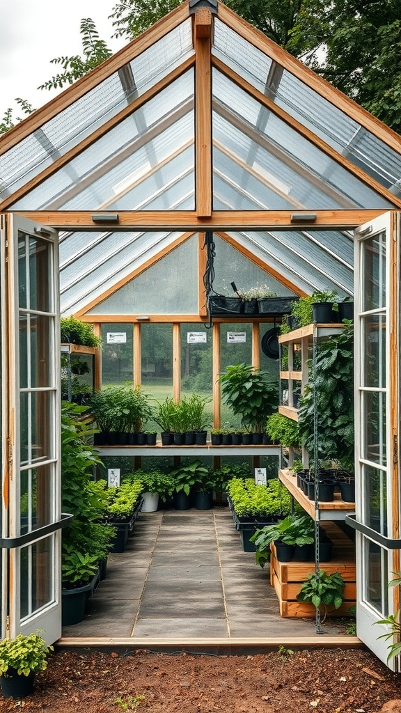 Interior view of a gable roof greenhouse with plants and shelves