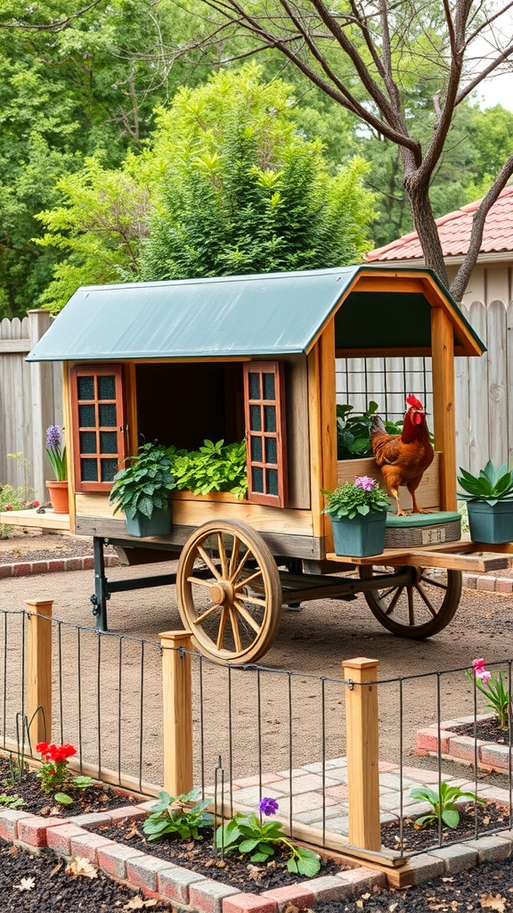 A beautifully designed chicken tractor with plants and a rooster in a garden setting.