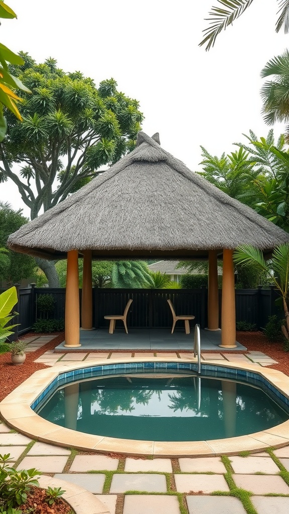 A garden pool pavilion with a small pool, featuring a thatched roof and seating area surrounded by greenery.