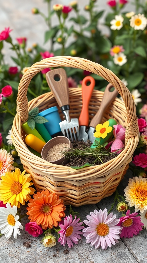 A wicker basket filled with colorful gardening tools, soil, and flowers, surrounded by blooming flowers.