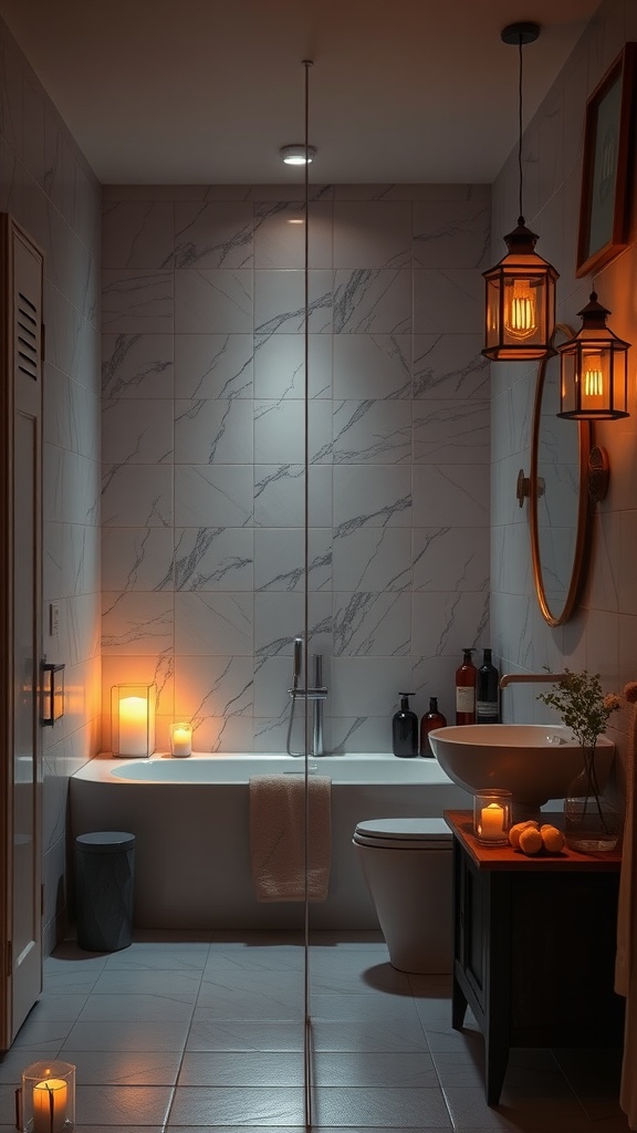 A tranquil bathroom with gentle lighting, featuring candles and pendant lights.