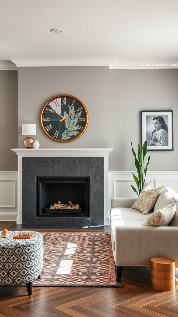 A stylish living room featuring geometric patterned wainscoting with a cozy sofa and a decorative rug.