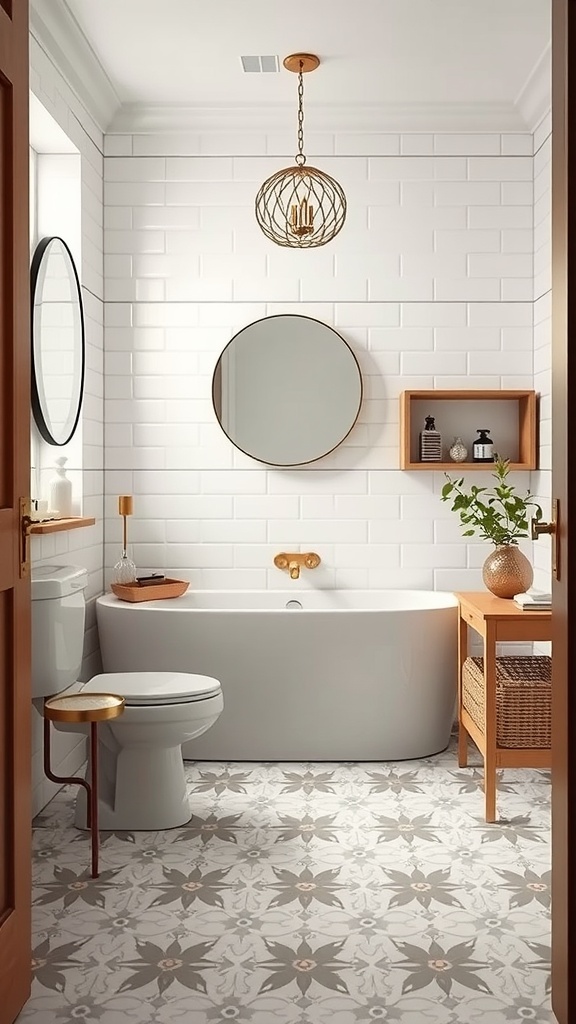 A modern bathroom featuring geometric patterned tiles on the floor, white subway tiles on the walls, and stylish decor.