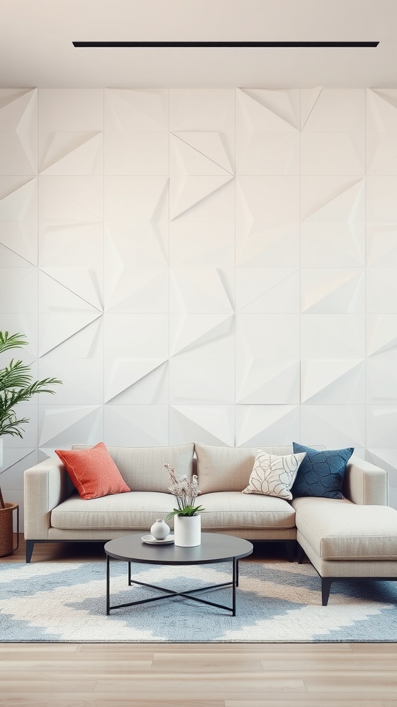 A modern living room with geometric wall panels in white, featuring a cozy sofa and a coffee table.