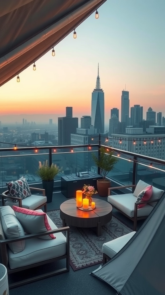 Cozy rooftop camping setup with comfortable seating, candles, and a stunning city skyline at sunset.