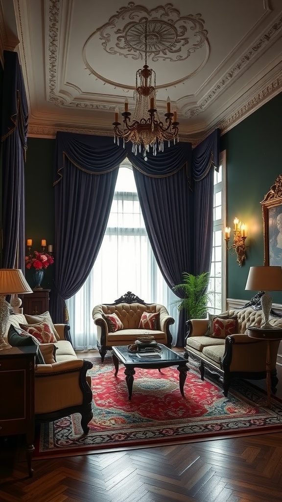 Elegant Victorian living room with velvet drapes and antique furniture