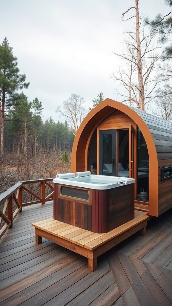 A glamping pod with a private hot tub on a wooden deck surrounded by trees.