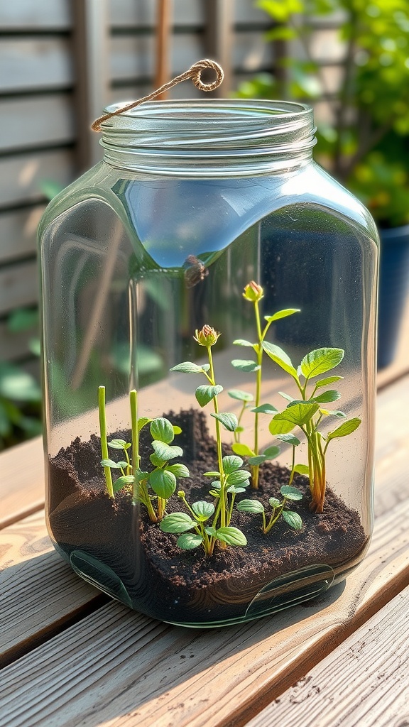 A glass jar filled with soil and small seedlings, designed as a mini greenhouse.