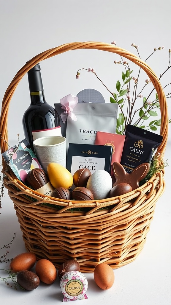 A beautifully arranged Easter basket filled with gourmet treats including chocolates, eggs, and a bottle of wine.