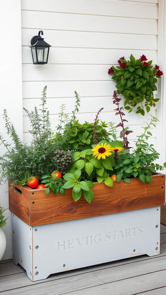 A gourmet vegetable planter box filled with various herbs and vegetables, including tomatoes and sunflowers.