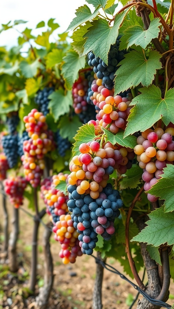 A close-up view of colorful grape clusters on a vine.