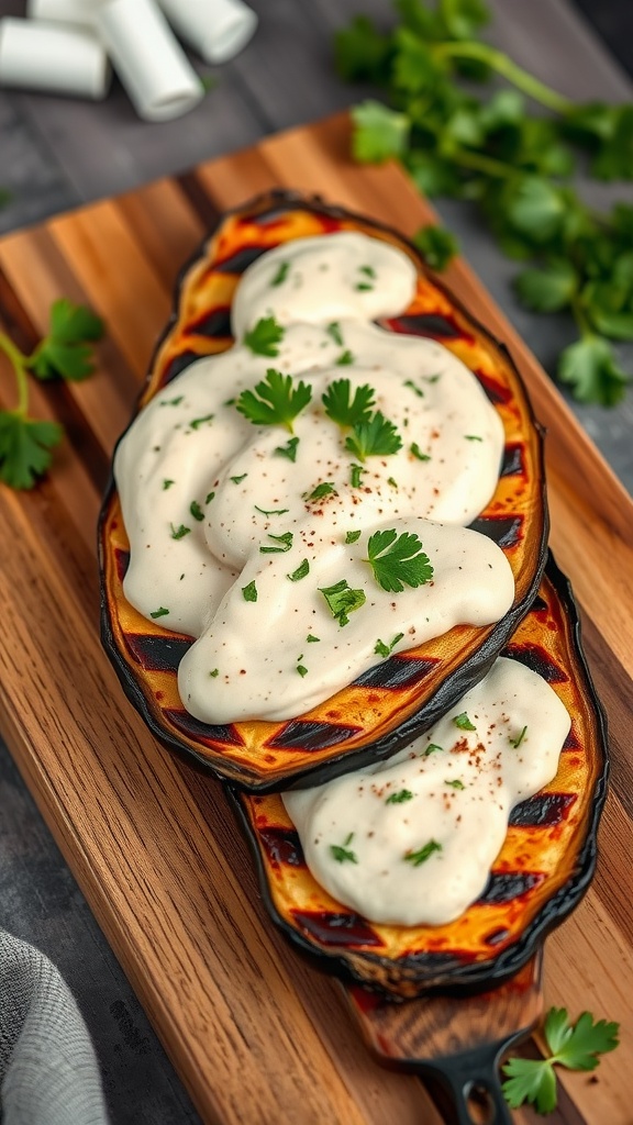 Grilled eggplant halves drizzled with tahini sauce, garnished with parsley on a wooden serving board.