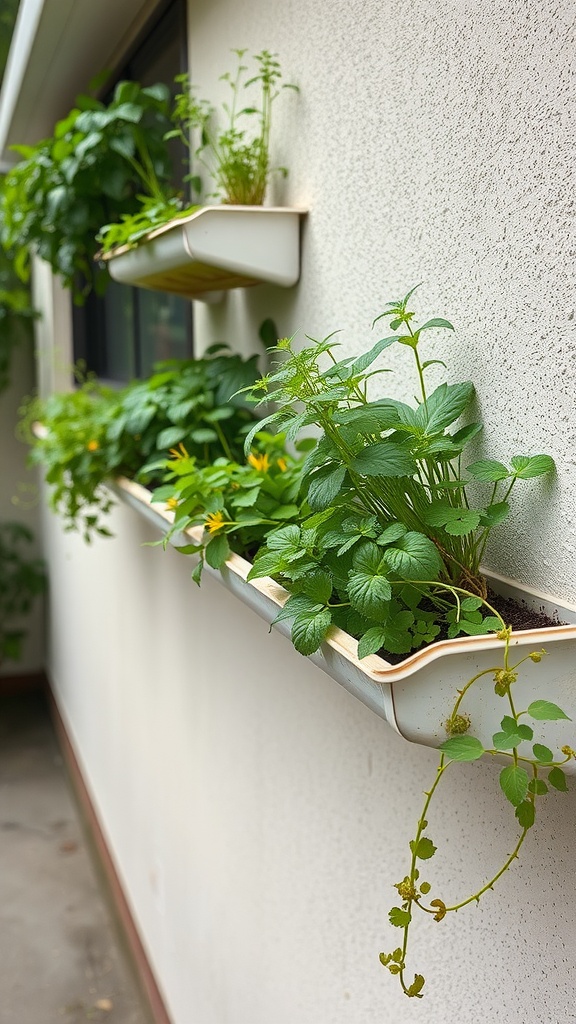 Vertical garden using gutter planter systems with various herbs and plants