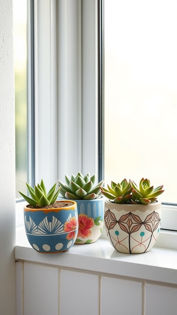 Hand-painted ceramic planters with succulents on a windowsill.