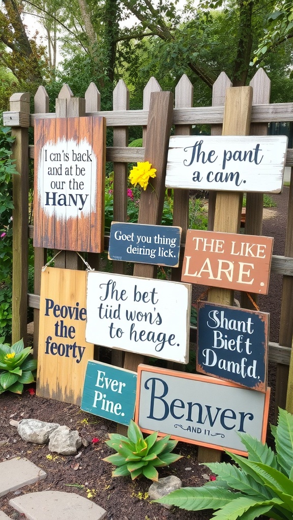 A display of hand-painted rustic signs on a wooden fence, featuring various quirky phrases and colors.