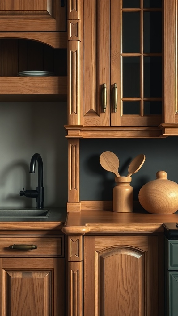 Craftsman kitchen cabinetry with intricate woodworking and warm wood tones.