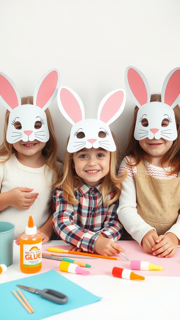 Three children wearing handmade bunny masks with craft supplies on the table.