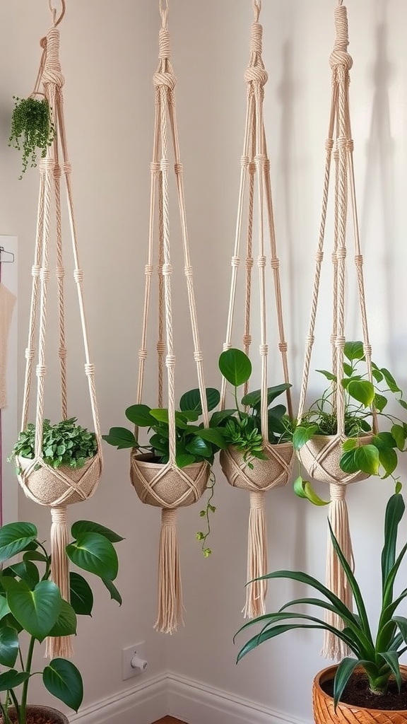 Handmade macramé plant hangers with various plants, creating a cozy decor vibe.