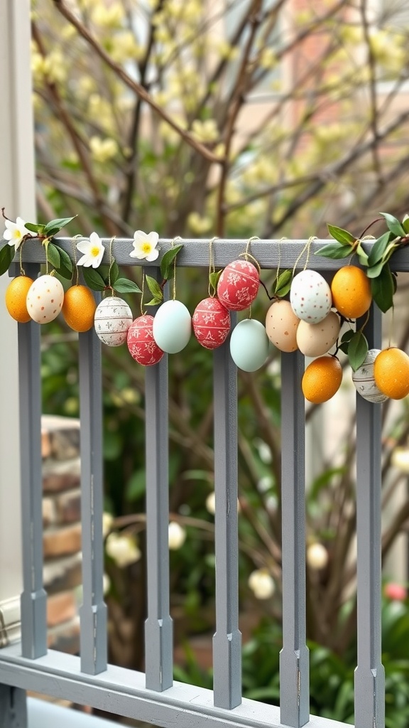 A colorful hanging egg garland on a porch railing, featuring various patterned eggs and greenery.