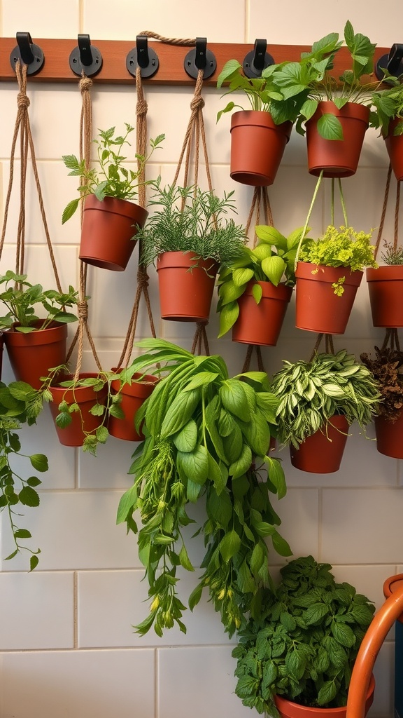 Hanging pots with various herbs in a kitchen setting