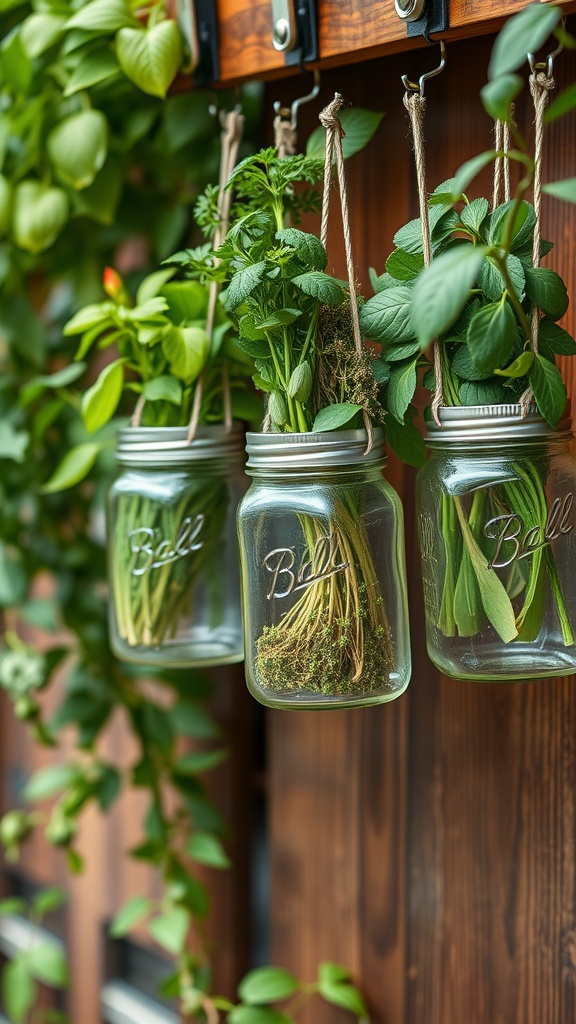 Hanging mason jars with herbs displayed on a wooden background.