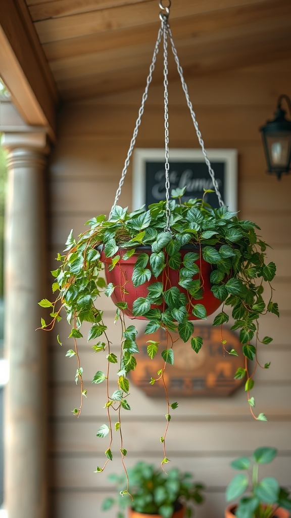 A red hanging planter filled with green vines, suspended from a chain on a patio.