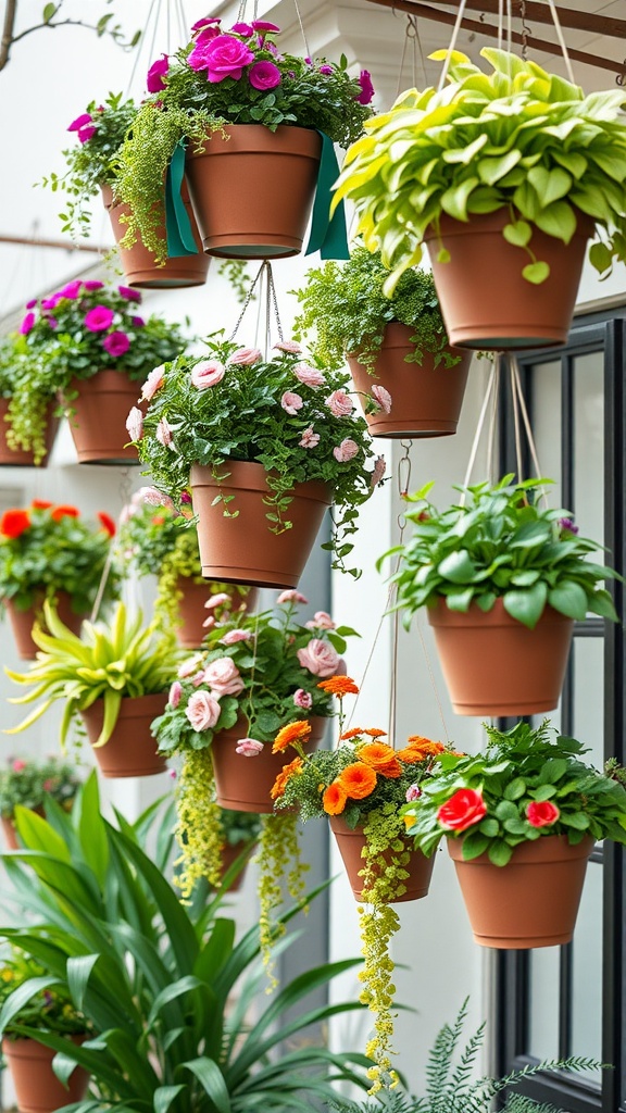 A variety of colorful hanging planters filled with flowers and greenery.