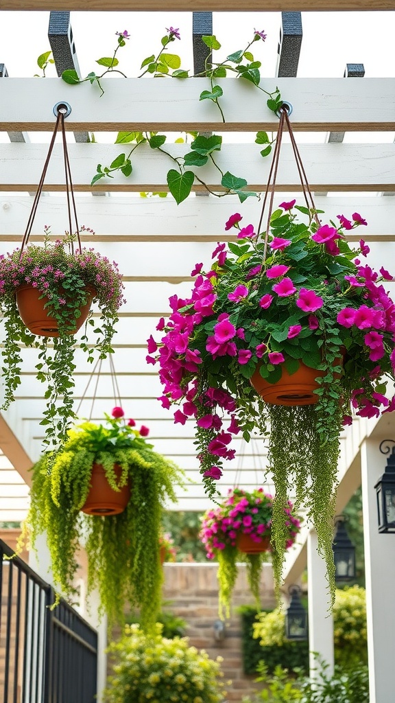 Colorful hanging planters with blooming flowers and greenery in a small garden space.