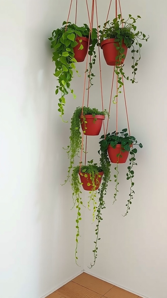 Hanging planters with various plants in red pots against a white wall