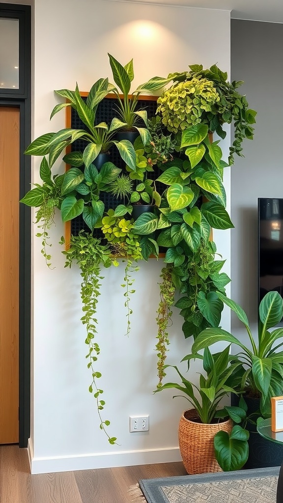 A vibrant hanging wall garden featuring various plants, enhancing indoor decor.